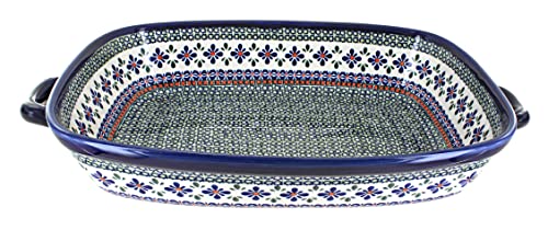 Blue Rose Polish Pottery Mosaic Flower Extra Large Baker with Handles