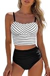SHEKINI Women's Tankini Set Square Neck Spaghetti Straps Top with Elastic High Waist Bottom Two Piece Swimwear Black Stripes Small