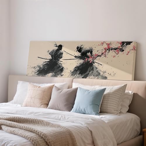 Art à l'encre japonaise pour un salon zen : toile de combat horizontale de 55x110 cm