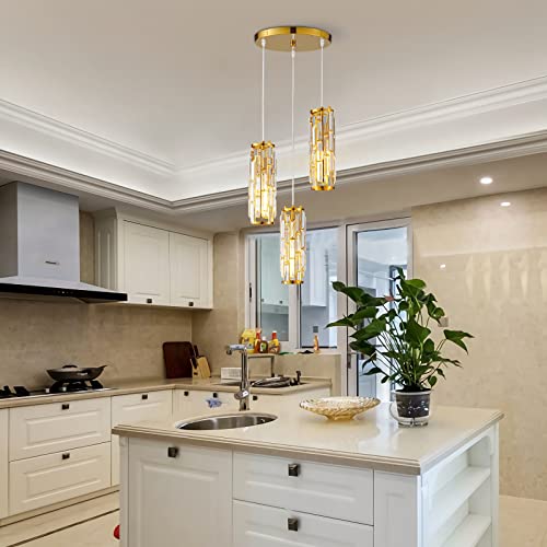 Image of LMQNINE Pendant Lighting Modern Pendant Light, Mini Crystal Chandeliers,Adjustable Pendant Light Fixture for Kitchen Island Dinning Room Bedroom (Gold, 3-Light)