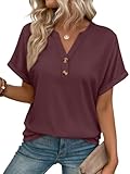 AUTOMET Womens Spring Tops 2026 Short Sleeve Shirts Henley Dressy Casual Blouses V Neck Fashion Tunics Trendy Flowy Clothing Burgundy M