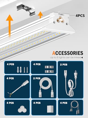Image of Commercial-grade 10000LM 5000K 60W Linkable 4 Foot Led Shop Lights for Shop | Upgrade Super Bright 4 Pack Hanging&Surface Mount 4' Linkable 4FT Led Shop Light Fixture for Workshop Garage Workbench