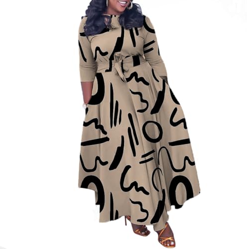 Image of Hostoyo Women Plus Size Formal A Line Maxi Dress Self Tie Waist with Pockets Elegant Round Neck Swing Long Dresses