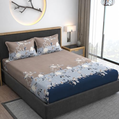 Image of Vaini Premium Heavy Cotton Elastic Fitted Bedsheets with 2 King Size Pillow Covers || Double Bed with All Around Elastic 350 (Blue Tricolor, 72x72 Inch King Fitted)