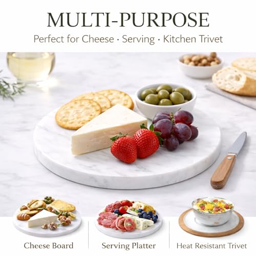 Image of 8-Inch Round Marble Cheese Board | Solid White Natural Marble, Charcuterie & Serving Tray, Non-Slip Rubber Feet, 0.5 Inch Thick Stone