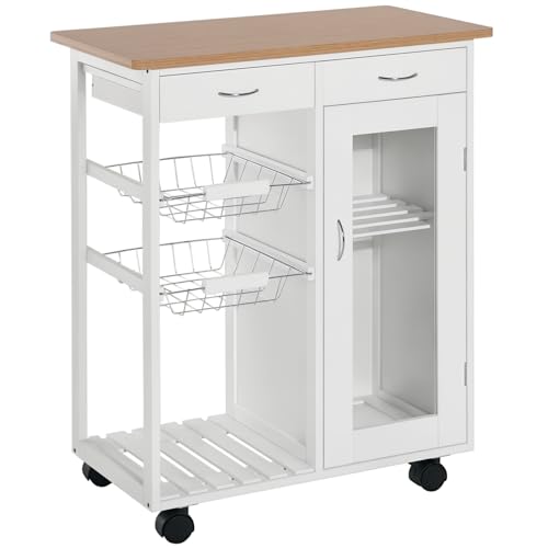 HOMCOM Carro de Cocina Carrito de Servir Multiusos Estantería Carrito Auxiliar con Ruedas para Baño Dormitorio con Estantes Cestas Cajones 70x37x85cm Madera