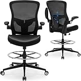 Drafting Chair, Tall Office Chair 400lbs Heavy Duty Ergonomic Standing Desk Chair with Lumbar support and Adjustable Footrest Ring, Counter Height Comfy Computer Mesh Chair with Flip-up Armrests Black
