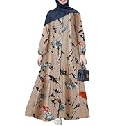 Muslim Abaya Cotton and Linen Long Sleeve Abaya Femme Fashion Loose Casual Floral Long Dress