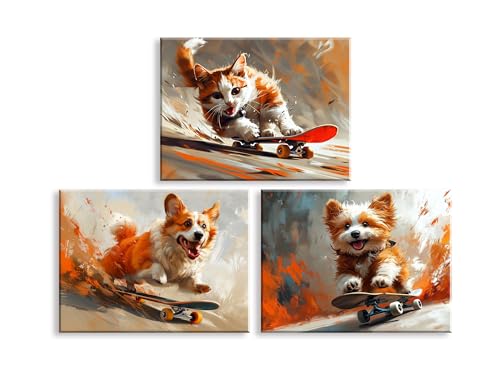 Piy Painting 3Pcs Impression Sur Toile Cartoon Animals Sport Tableau Sur Toile Moderne Tableau Decoration Murale Salon Tableaux Déco Muraux Chats Et Chiens Painting Sur...