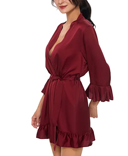 Toikeeoi Women's Kimono Robe Short Satin Pure Short Silky Robes Sexy V Neck Sleepwear (Wine, One Size) #TOP1