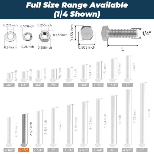 Image of 10 Sets Glvaner 1 /4-20 x 2-1 /2 inch Stainless Steel Hex Head Screws Bolts, Nuts, Flat & Lock Washers, 18-8 (304) Stainless Steel, Full Thread, Coarse Thread