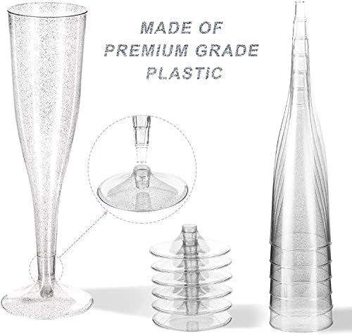 LATERN 60Pcs Plastic Champagne Flutes, 150ml Silver Glitter Champagne Glasses Reusable Stemmed Party Wine Cups for Garden Wedding Anniversary Shower Parties (5 x 17cm)