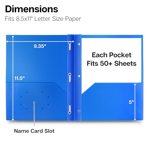 Dunwell Plastic 2 Pocket Folders with 3 Prongs, (6 Pack, Assorted Colors), 3-Clasp Folders with Fasteners, Tear-Resistant, Long Lasting Acid-Free Poly, Includes Labels