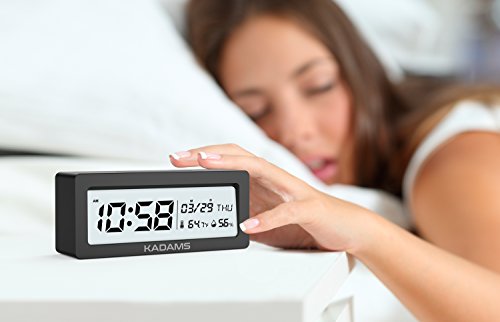 KADAMS Battery Digital Alarm Clock with Snooze, Backlight, Calendar Month Date Day, Temperature and Humidity, Low Battery Indicator, Small Portable Travel Clock, for Shelf Desk Table - Black