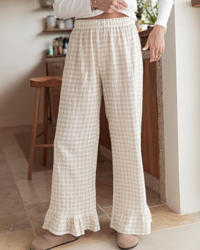 Womens Gingham Pants Wide Leg Lounge Pants Y2k Plaid Print Ruffle Hem Loose Trouser2