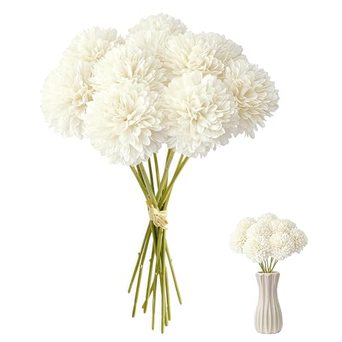 Kokoie 12 Stück Künstliche Hortensien Kunstblumen, 29 cm Länge Künstliche Kugel-Chrysanthemen, Chrysantheme Kunstblumen Blumen für Hochzeitsstrauß Home Garden Party Office Arrangements(Weiß)