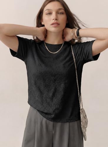 Dokotoo Women's Tops Crewneck T Shirts for Women Short Sleeve Shirts Casual Solid Color Black Tshirts Loose Fit Tee 2026 Trendy Textured Floral Tees Blouses XX-Large — view 6