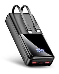 Power Bank 40000mAh mit 22, 5W Schnellladung, Tragbares Ladegerät mit 2 Integrierten Kabeln, USB-C EIN- & Ausgang, Kompatibel mit iPhone 16/15/14/13/12 & Android Geräten, Schwarz