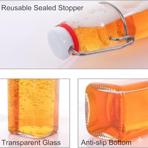 Image of Clear Glass Bottles with Airtight Swing Top Lids - Leakproof Reusable Glass Jars for Juice, Oil, Water, Milk, Kombucha, Vinegar, Beverages - Square, Pack of 6