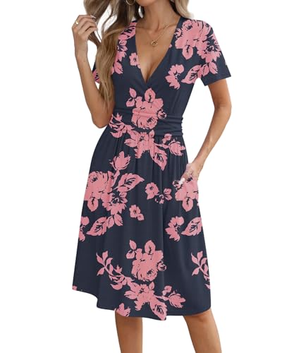Image of KUOTAI Women's Summer Short Sleeve Casual Dresses Wrap V Neck Beach Outfits Party Flowy Dress with Pockets, Rose Silhouette, Small
