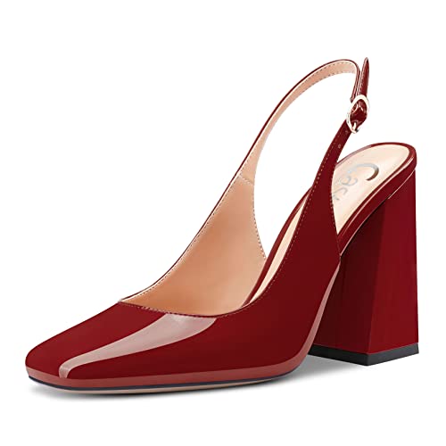 Castamere Damen Chunky Blockabsatz Hoher High Absatz Heel Eckige Zehenkappe Slingback Pumps Slip-on Clear Dress Sandalen 10 cm Heels Burgund Rot 45 EU