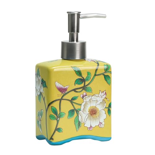 Bicuzat Ceramic Soap Dispenser, Lotion Bottle, Soap Bottle with Removable Pump, Flower Pattern Dispenser for Kitchen Soap, Bathroom Soap, Lotion and Essential Oil-Yellow-13 OZ