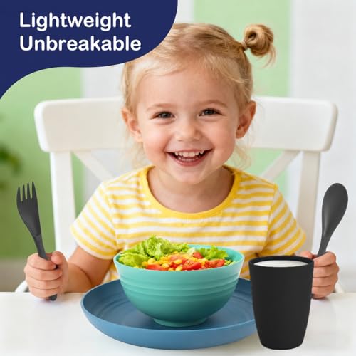 Image of Unbreakable Wheat Straw Dinnerware Set 20 PCS - Kids Plates and Bowls Set for 4,Dishwasher & Microwave Safe Lightweight Toddler Dish Set for Party Camping Kitchen - Calm Tones