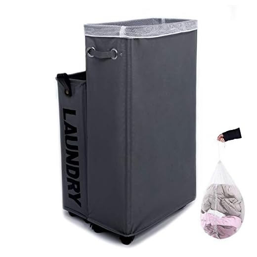 Laundry Hamper, Caroeas Rolling Laundry Basket Collapsible Tall Slim Laundry Hamper with Washable & Breathable Mesh Liner Waterproof & Dustproof Laundry Cart on Wheels (Grey)
