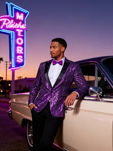 Image of Barry.Wang Mens Sequins Blazer Sparkle Dress Suit Jacket Cocktails Shiny Metallic Disco Dance Party Tuxedo Homecoming