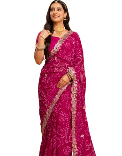 SIRIL Georgette Bandhani Printed Saree with Embroidered Scalloped Border (5791S8202_Dark Pink)