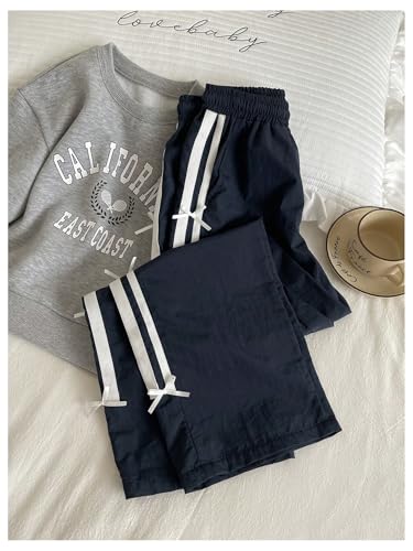 Verdusa Girl's Bow Striped Sweatpants Drawstring Waist Wide Leg Workout Sports Loose Trousers4