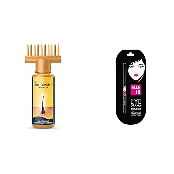 Indulekha Bhringa Hair Oil, 100ml And Elle 18 Eye Drama Kajal, Bold Black, 0.35g