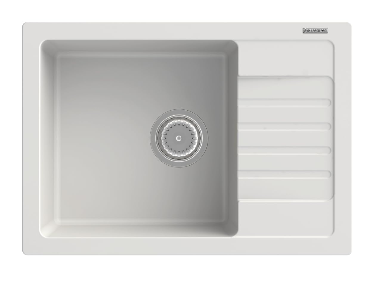 Granitan - Zlewozmywak granitowy Argos + armatura BETA - biały - 1 umywalka z ociekaczem - 62 x 44 cm - z syfonem - powłoka GraniProtect