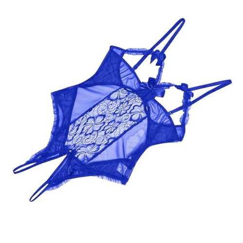 Women’s Lace Teddy Lingerie - Royal Blue Strappy Bodysuit, Floral Embroidery, Adjustable Straps, Bow (S-XXL) Medium Royal Blue