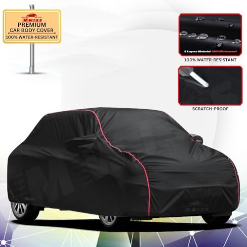 Image of Waterproof Car Cover for Maruti Suzuki Celerio | All-Weather Protection, Dustproof & UV Resistant | Triple Stitched Mirror Pockets, Windproof Buckle Strap with Elastic Hem, Black-Red Piping
