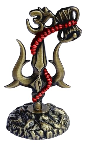 Image of Shivji Trishul Damru and Aum Idol for Mandir, Car Dashboard Statue Metal Showpiece for Pooja Room Home Decor, 10 cm, Antique Brown