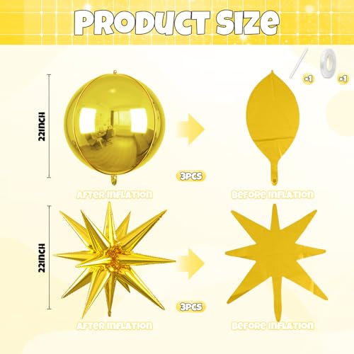 Image of 6pcs 22 inch Gold Star Balloons and Gold 4D Large Foil Balloons, Foil Star Balloon 4D Aluminum Balloon For Birthday Baby Shower Party Wedding Graduation Anniversary New Year Bridal Shower Decoration