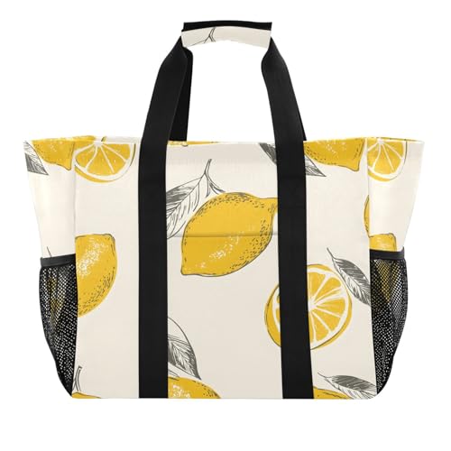 Large Waterproof Travel Tote Bag for Women Men, Lemon Fruit Pattern Canvas Beach Bag with Lining & Pockets - Reusable Grocery/Laundry/Kitchen/Pool/Picnic Tote (15.4x9.8x12.8in)
