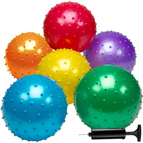 Bedwina Knobby Balls - (Pack of 6) Bulk 7 Inch Sensory and Spiky Massage Stress Balls for Toddlers, with Pump, Fun & Bouncy for Toddler, Kids Party Favors, Stocking Stuffers by Bedwina - Used condition - US$11.00