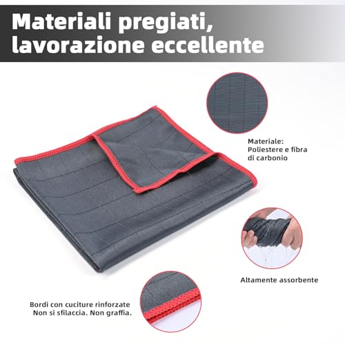 Carehabi Panno in Fibra di Carbonio Panni per Vetri 3 Pezzi 40x50 cm 400 GSM Panno Microfibra Auto Senza Aloni per Pulizia Specchi Doccia e Finestrini - Immagine 1