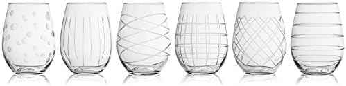 Fifth Avenue Crystal Glasses Medallion Stemless Wine Goblets, 6 Count (Pack of 1), Clear