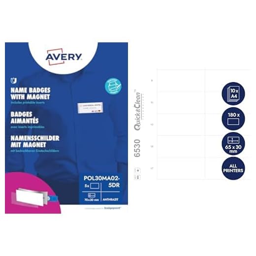 AVERY Zweckform polar30 Namensschilder 5 Stück (70x30mm, mit Magnet, verdrehsicher) anthrazit + DPC6530A-10 Einsteckschilder für Namenschilder 180 Stück (65x30mm, bedruckbar, für polar30) weiß
