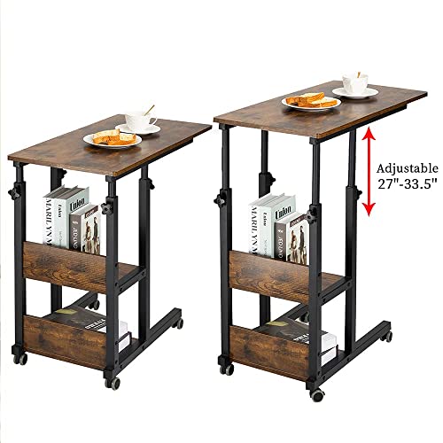 Hadulcet C Shaped Side Table Adjustable, Height Adjustable C Table With Wheels And Storage Shelves For Couch Bed Recliner Rustic Brown #TOP4