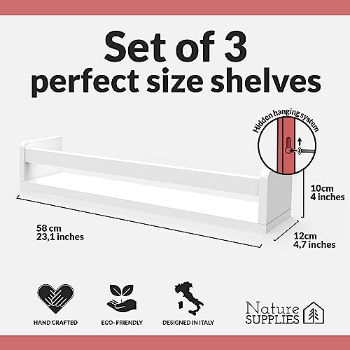 NATURE SUPPLIES Set of 3, White Floating Nursery Book Shelves, 23.1\" Solid Wood Floating Bookshelves, Wall Book shelf for Kids Rooms Decor, Toys & Playroom Furniture, Kids Bookshelf, Nursery Bookshelf - Thumbnail 2