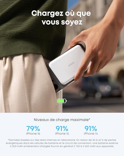 Anker Nano Batterie Externe Magsafe certifiée Qi2 15W magnétique Ultra-Fine 5000 mAh, Rapide, Ergonomique et Compatible MagSafe, Uniquement pour iPhone 17 Pro Max/16/15/14