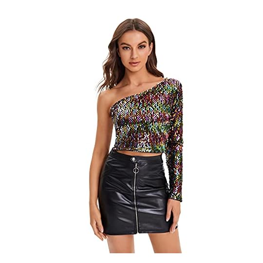
                            Verdusa Women's One Shoulder Glitter Sequin Crop T-Shirt Top
                        