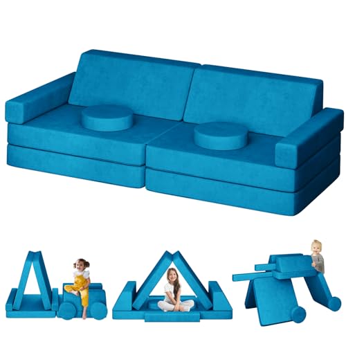 linor Modular Kids Play Couch 10Pcs, 65.4\" Kids Couch for Playroom Bedroom, Multifunctional Modular Toddler Couch, Over 10 Combinations Creative Sofa for Imaginative Kids (Navy)