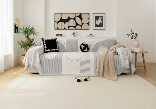 Image of The Furnishing Tree 3 Seater Reversible Chenille Sofa Cover, Double-Sided Luxury Throw, Anti-Slip Couch Cover, Soft & Comfortable Sofa Towel for All Seasons, Light Grey Stripe