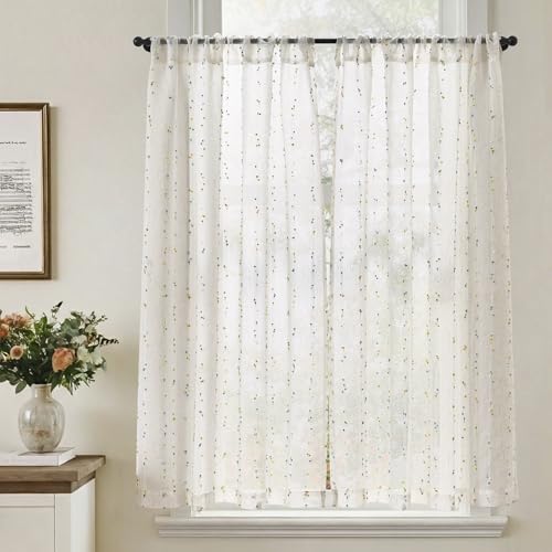 TOPICK Rideau Cuisine Voilage Brise Bise, Rideaux Court Lot de 2, avec Verts Pois 90L x 115H(cm) Passe-Tringle, pour Placard Fenetre Salon sous Evier