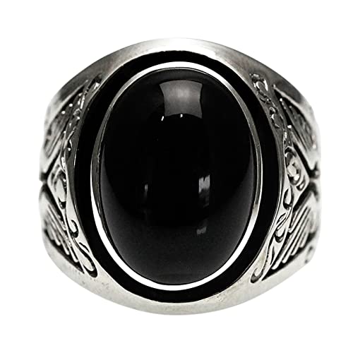AMDXD Anillos de plata de ley 925, diseño retro, anillo de boda para hombres, anillo vintage de Hip Hop Rock con ágata negra ovalada, forma ovalada, negro, plata auténtica, Plata de ley, Ágata